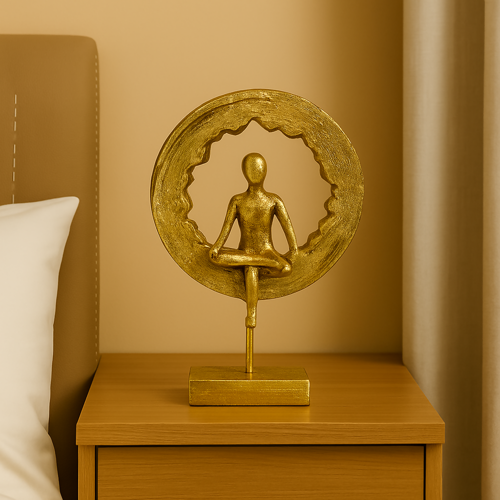 HOME DECOR Modern Golden Resin Yoga Figurine Showpiece for Home Decor | Abstract Sitting Human Meditation Sculpture for Bedroom, Living Room, Office, or Table Decoration – Zen-Inspired Art Piece in Round Frame