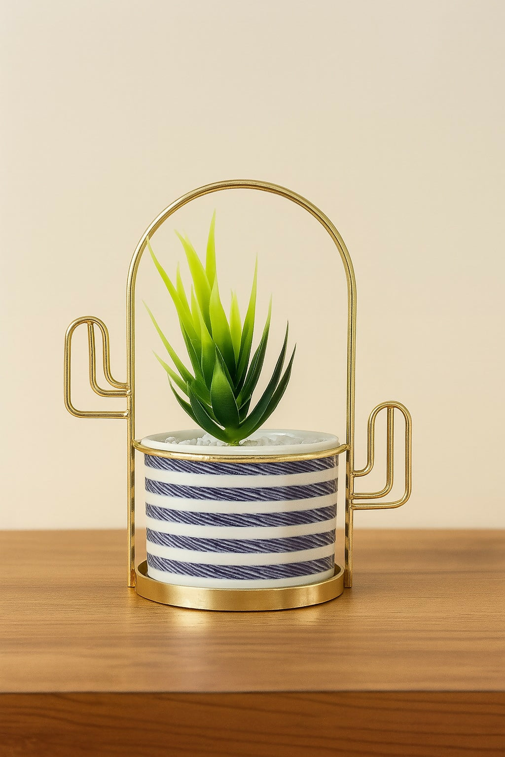 Luxury Golden Metal Frame Ceramic Planter with Artificial Green Plant – Striped Pot Design, Modern Home Decor Accent for Living Room, Office & Gifting