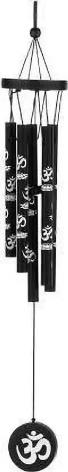 Decorative Om Symbol Wind Chime for Home and Garden – Metallic Pipes with Black Wooden Accents – Soothing Sound Feng Shui Wind Bell for Positive Vibes and Meditation Spaces