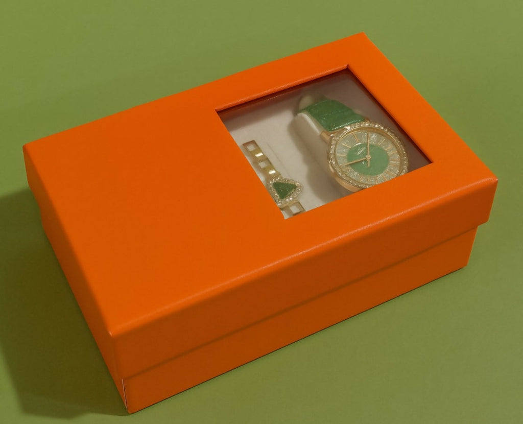 Elegant Women’s Green & Gold Jewelry Gift Set with Necklace, Bracelet, Earrings, and Designer Analog Watch | 4-in-1 Fashion Combo in Luxury Box for Birthday, Anniversary & Festive Gifting