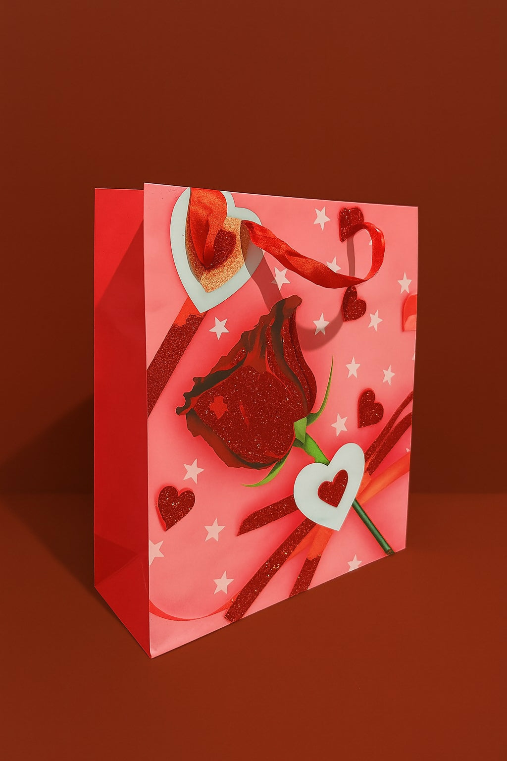 Romantic Rose & Heart-Themed Premium Gift Bags Set – Pack of 3 Medium Size Valentine’s Day and Anniversary Gift Bags with Red Ribbon Handles – Love Theme Party Favor Bags for Him & Her