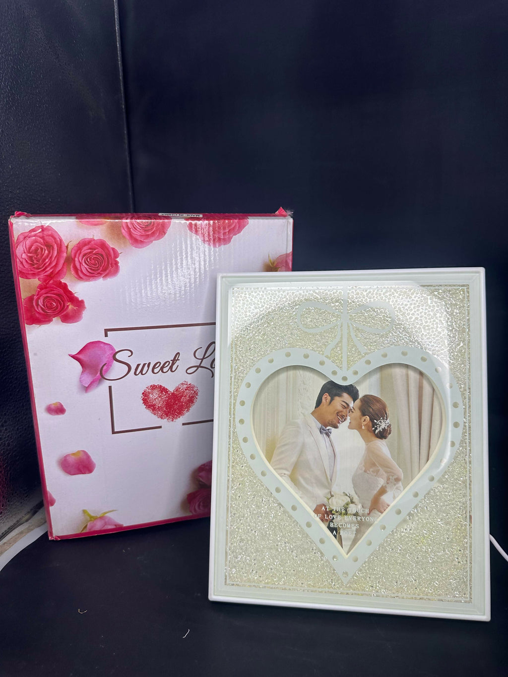 Personalized LED Photo Frame with Heart Design and Sparkling Crystal Border – Romantic Light-Up Table Frame for Couples with Quote 'At the Touch of Love Everyone Becomes a Poet' – Perfect Gift for Weddings, Anniversaries & Valentine's Day