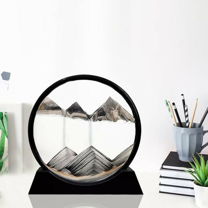 Moving Sand Art Table Decor – Black Round Glass Flowing Sand Frame with Dynamic Landscape Design, Relaxation & Stress Relief Ornament for Home, Office, and Gifts
