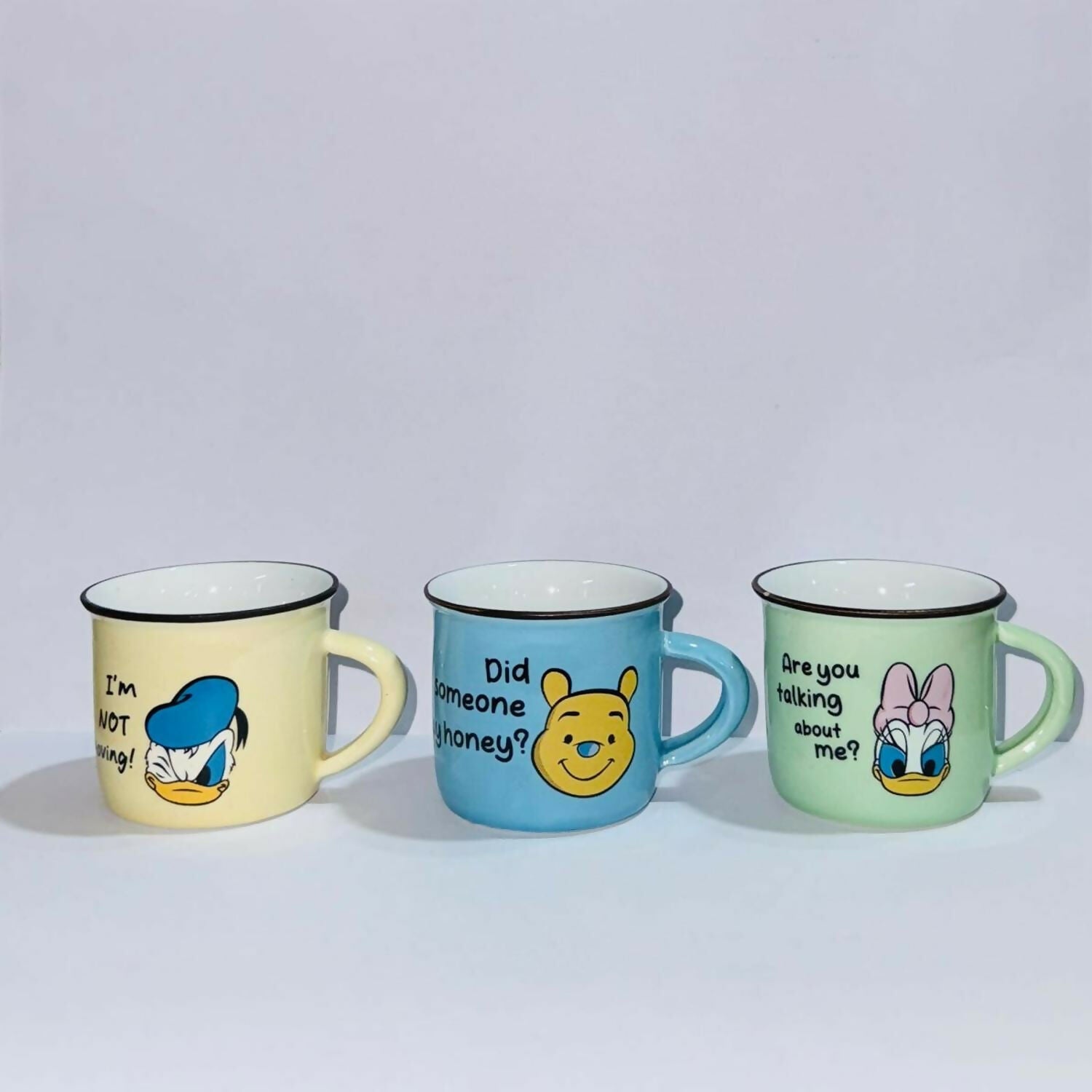 Set of 6 Colorful Cartoon Printed Ceramic Coffee Mugs in Gift Box | Cute Mini Tea Cups with Funny Quotes | Multicolor Designer Cup Set for Tea, Coffee, Milk & Gifting | Kids & Adults Use