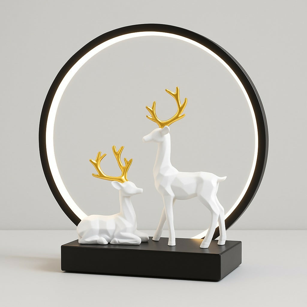 HOME DECOR Modern LED Ring Deer Figurine Showpiece – Elegant White Resin Deer Couple with Golden Antlers and Ambient Light – Designer Table Lamp Sculpture for Home Decor, Bedroom, Office & Gifting