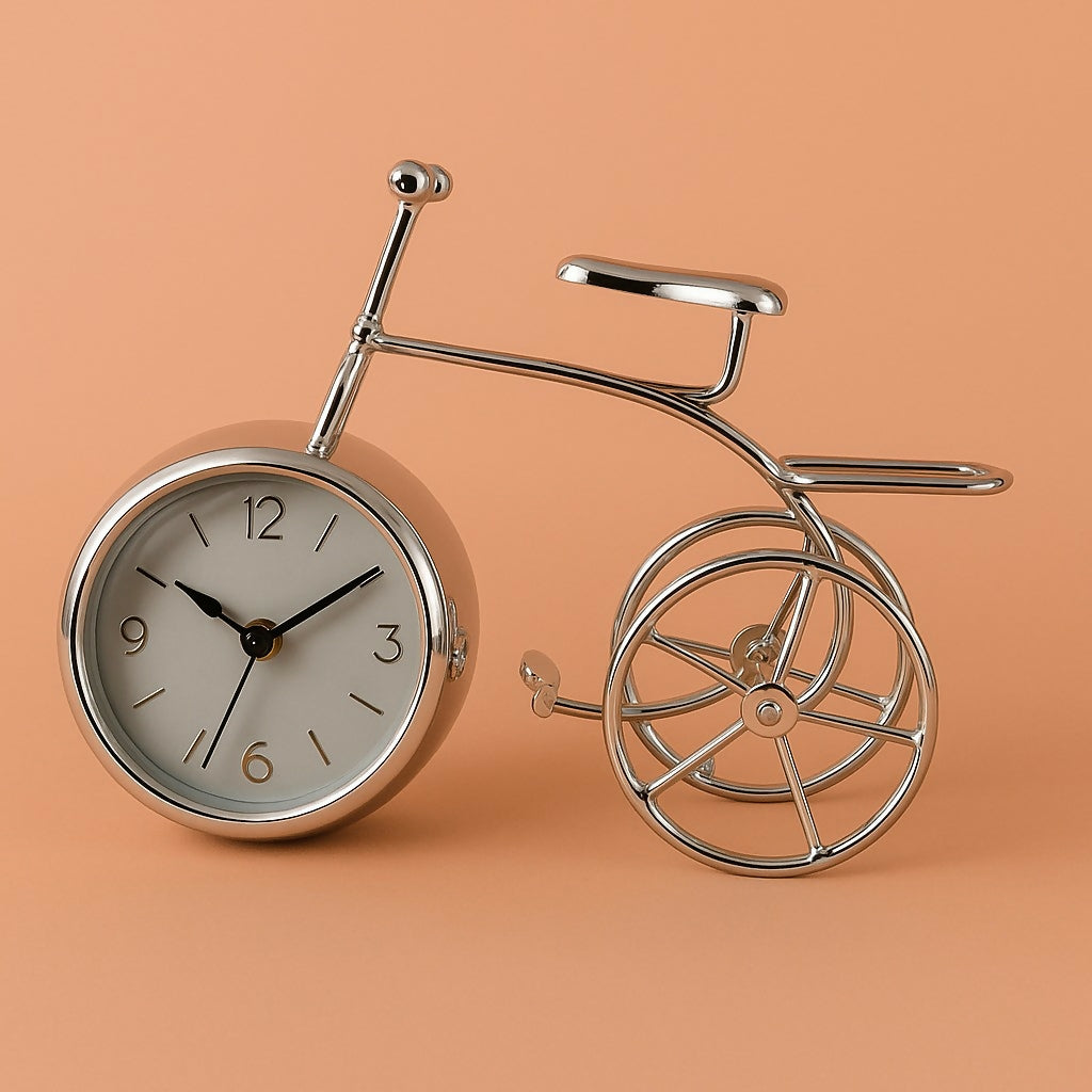 HOME DECOR Vintage Bicycle Shape Table Clock – Retro Style Metal Analog Desk Clock with Silver Finish for Living Room, Office, and Home Decor – Unique Gift for Men, Women, and Bike Lovers