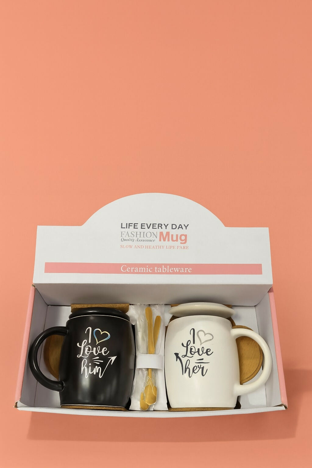 Couple Ceramic Coffee Mug Set with Lids and Spoons – “I Love Him, I Love Her” Printed Gift Set for Couples, Husband, Wife, Boyfriend, Girlfriend | Romantic Tea & Coffee Cups for Anniversary, Valentine’s, Wedding, Birthday