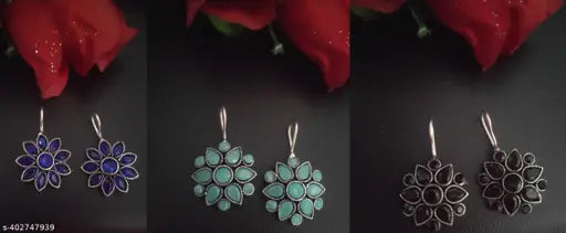 Fancy Oxidised Silver Flower Design Earrings (Pack of 3)