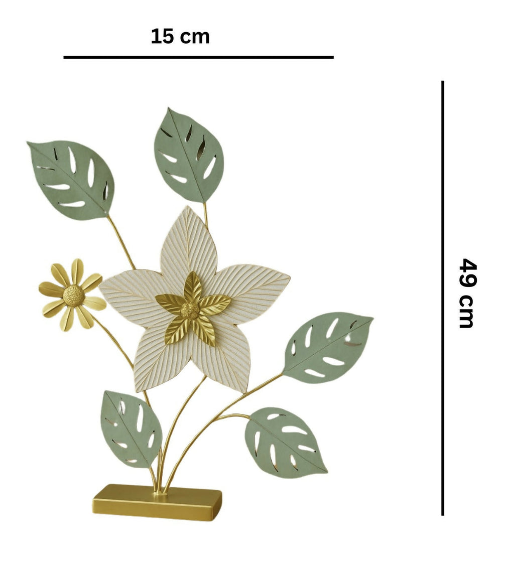 HOME DECOR Elegant Metal Flower Table Decor – Gold & Green Leafy Floral Sculpture for Home
