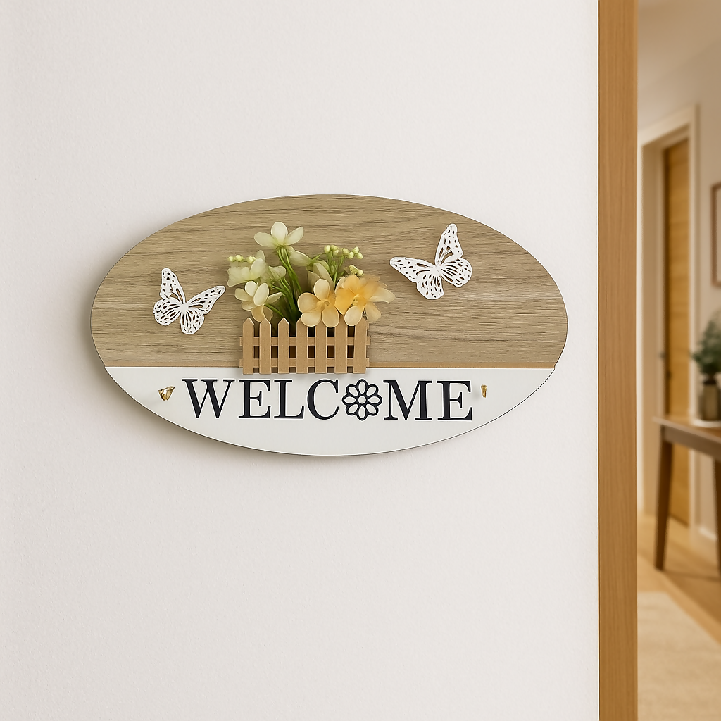 Wooden Oval Welcome Wall Hanging key stand with 3D Flower Basket, Decorative Butterflies & Floral Text Design – Entryway Door Sign for Home, Apartment, or Office Decor