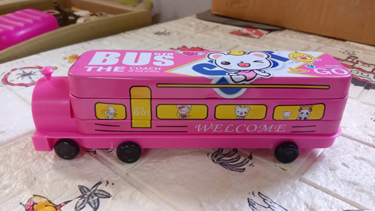 Double Decker Metal Bus Compass Case – 2-Layer with Movable Wheels & Sharpener for Kids