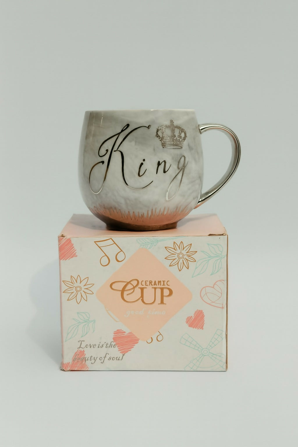 Luxury Grey Marble “King” Ceramic Coffee Mug with Crown Print & Golden Handle – Elegant Tea & Coffee Cup Gift for Husband, Boyfriend, Dad – Perfect for Birthday, Anniversary, Valentine’s Day & Special Occasions