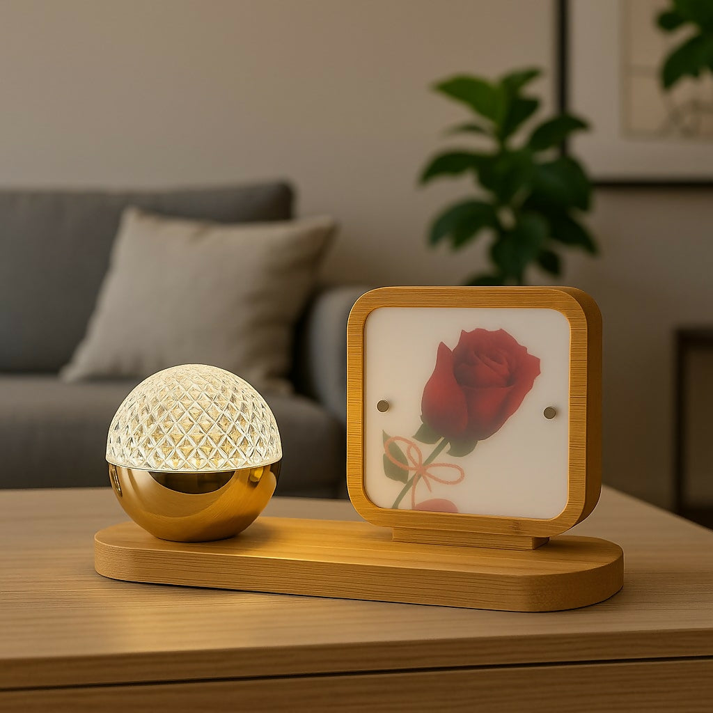 Romantic Rose Print LED Table Lamp with Crystal Globe Light – Wooden Base Decorative Night Lamp for Bedroom, Living Room & Gifting – Elegant Bedside Lamp with Soft Warm Glow