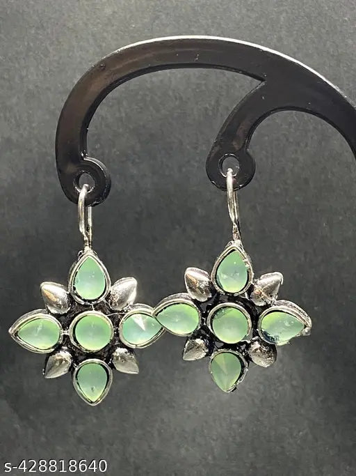 Oxidised Silver Plated Brass Stone Work Pearl Hanging Earrings for Women's & Girls