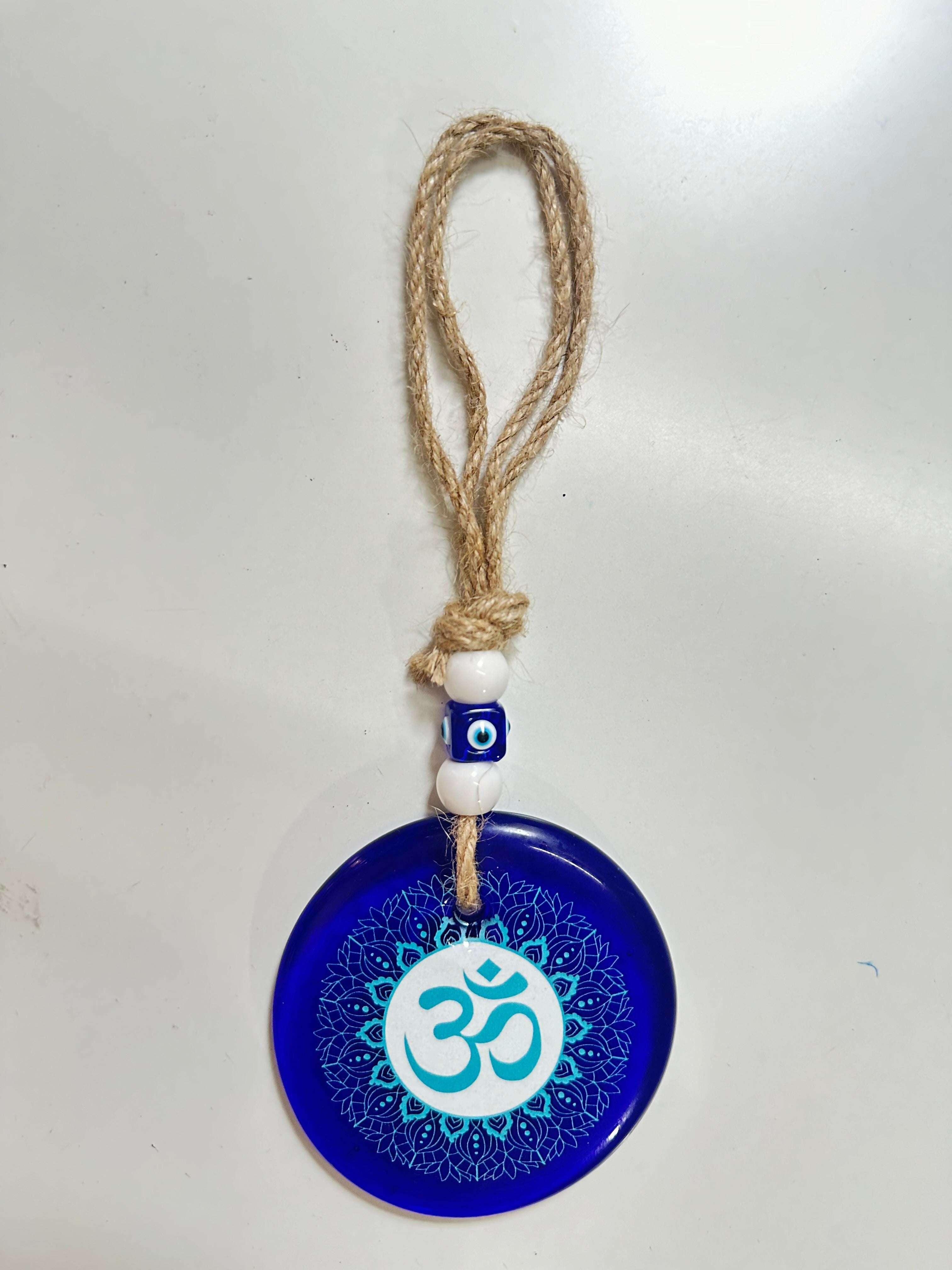 Decorative Blue Evil Eye and Om Symbol Wall Hanging – Handmade Spiritual Protection Charm with Rope Loop & Mandala Design for Positive Energy, Vastu & Home Decor Gift for Housewarming or Meditation Space