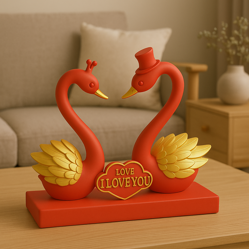 HOME DECOR Romantic Red Swan Couple Showpiece – I Love You Decorative Figurine for Home & Gift