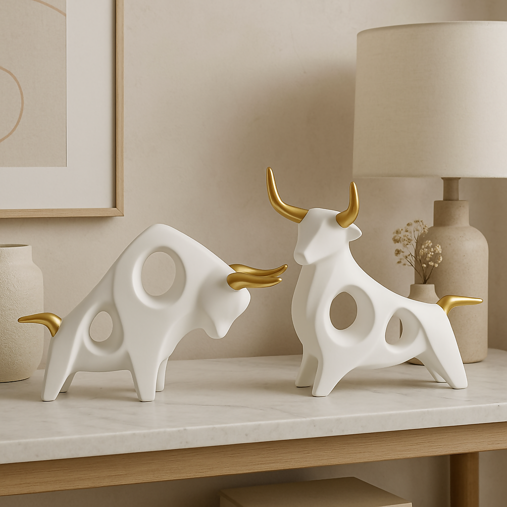 HOME DECOR Golden Horns White Bull Figurine Set – Modern Abstract Decor (Set of 2)