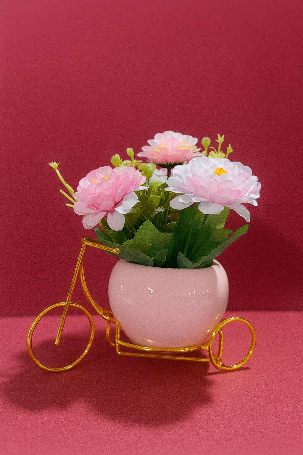 Artificial Pink Rose Flower Arrangement in Glossy Light Pink Ceramic Pot with Golden Bicycle Stand – Elegant Decorative Table Centerpiece for Home, Office, and Gifting