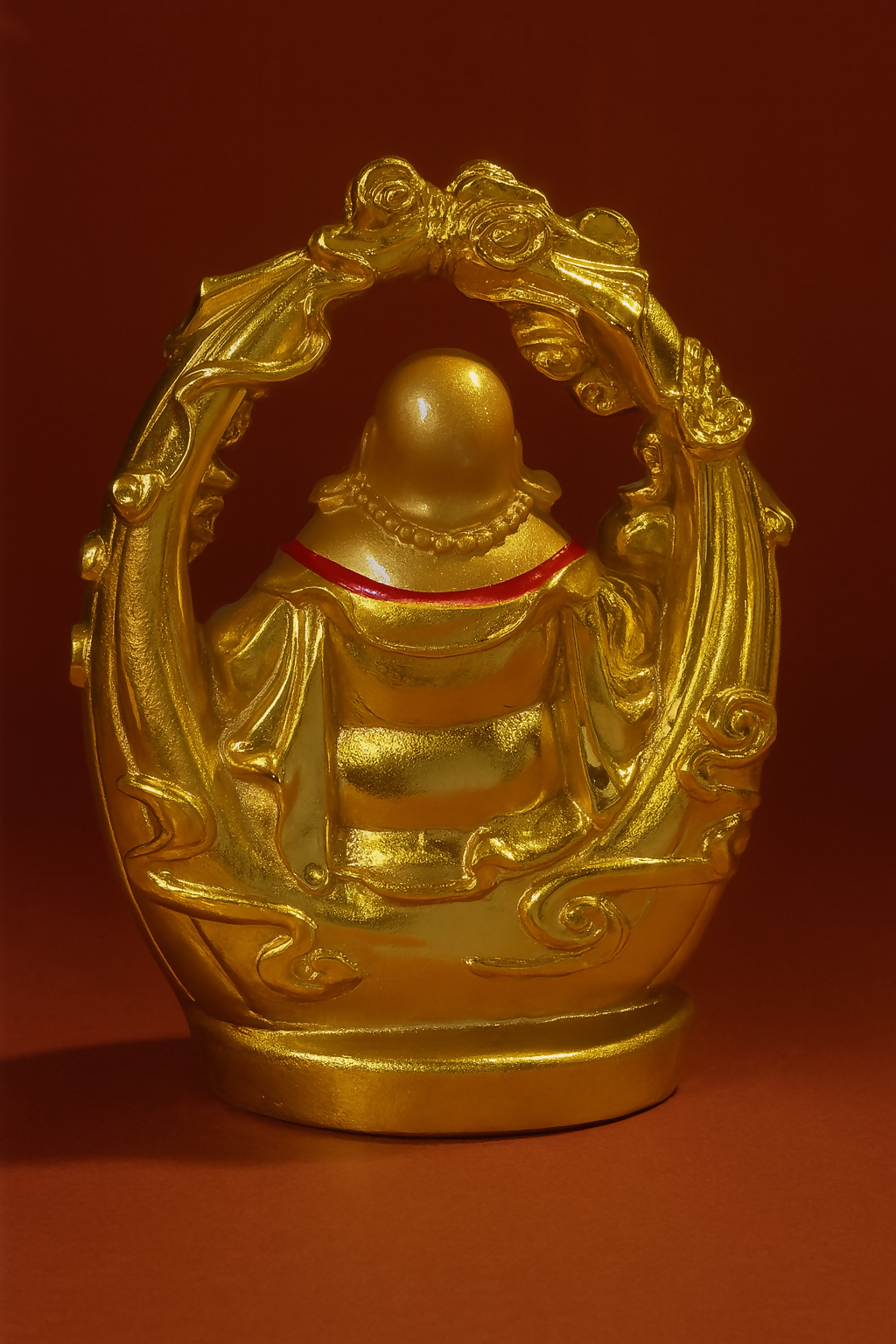 Golden Laughing Buddha Idol in Ornate Arch Frame | Lucky Buddha Statue