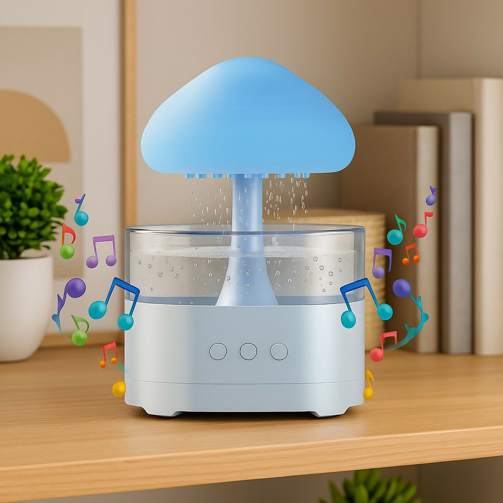 Mushroom Rain Drop Humidifier with Bluetooth Speaker – 3-in-1 Night Light, Aromatherapy Diffuser, Anti-Spill Design, 3 Switch Modes – Quiet Cool Mist Air Purifier for Bedroom, Office, Kids, Home Decor