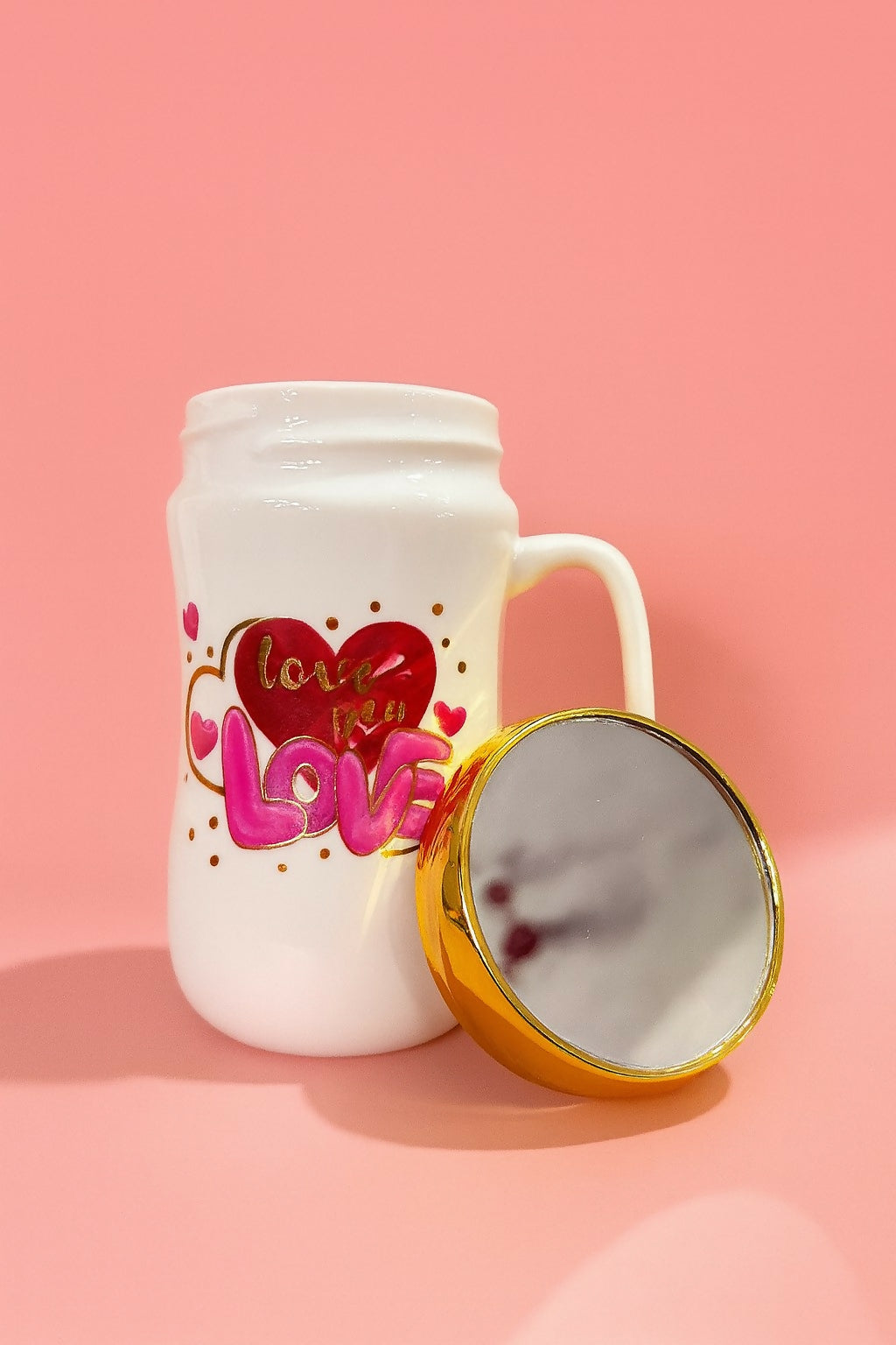 Romantic Love Ceramic Coffee Mug with Golden Lid – White Printed Cup with Heart & Rose Design | Gift Mug for Couples, Anniversary, Valentine, Birthday & Special Occasions