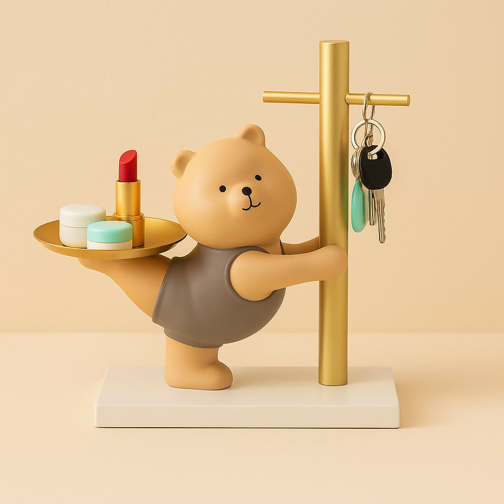 HOME DECOR Cute Bear Pole Key Holder with Multipurpose Tray | Resin Decorative Organizer for Keys, Lipstick, Coins & Accessories – Ideal for Entryway, Living Room & Office Table Décor