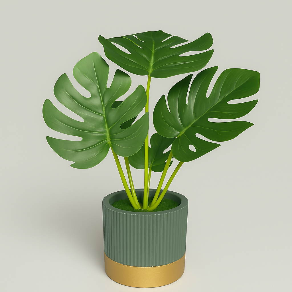 Artificial Monstera Plant in Premium Ribbed Ceramic Pot with Golden Base | Small Faux Indoor Desk Plant for Home, Office, Bedroom & Table Décor