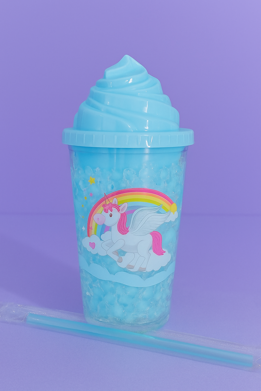 Magical blue Unicorn Slush Cup with Swirl Top Lid – BPA-Free Reusable Tumbler with Straw, Glittery Icy Drink Holder with Rainbow, Moon & Star Design – Cute Aesthetic for Girls, Kids & Teens