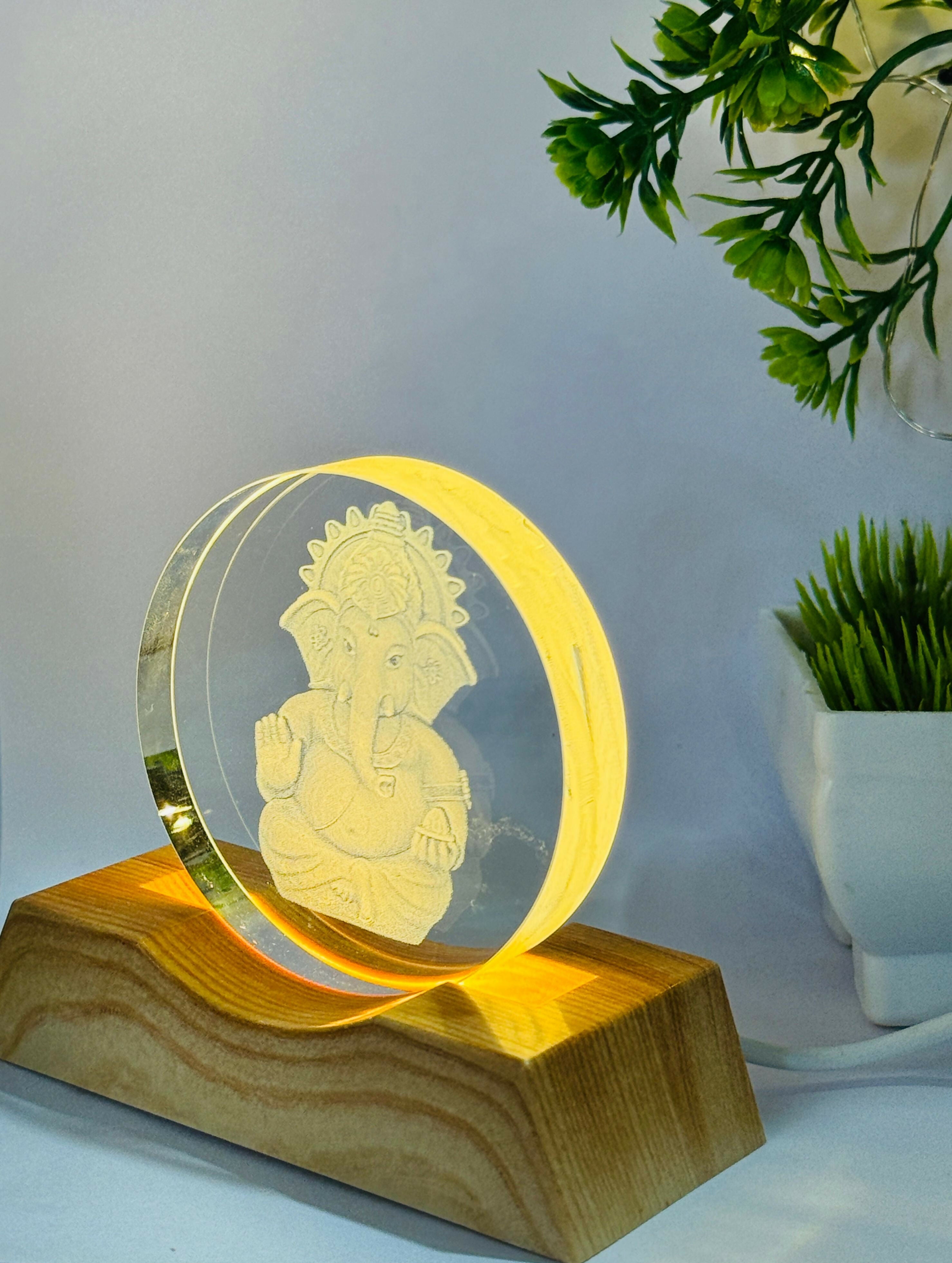 Lord Ganesha 3D LED Night Lamp with Wooden Base | Laser Engraved Acrylic Ganpati Light for Home Temple, Office, Festive Decor & Gifting | Spiritual Warm Glow Lamp for Bedroom & Living Room