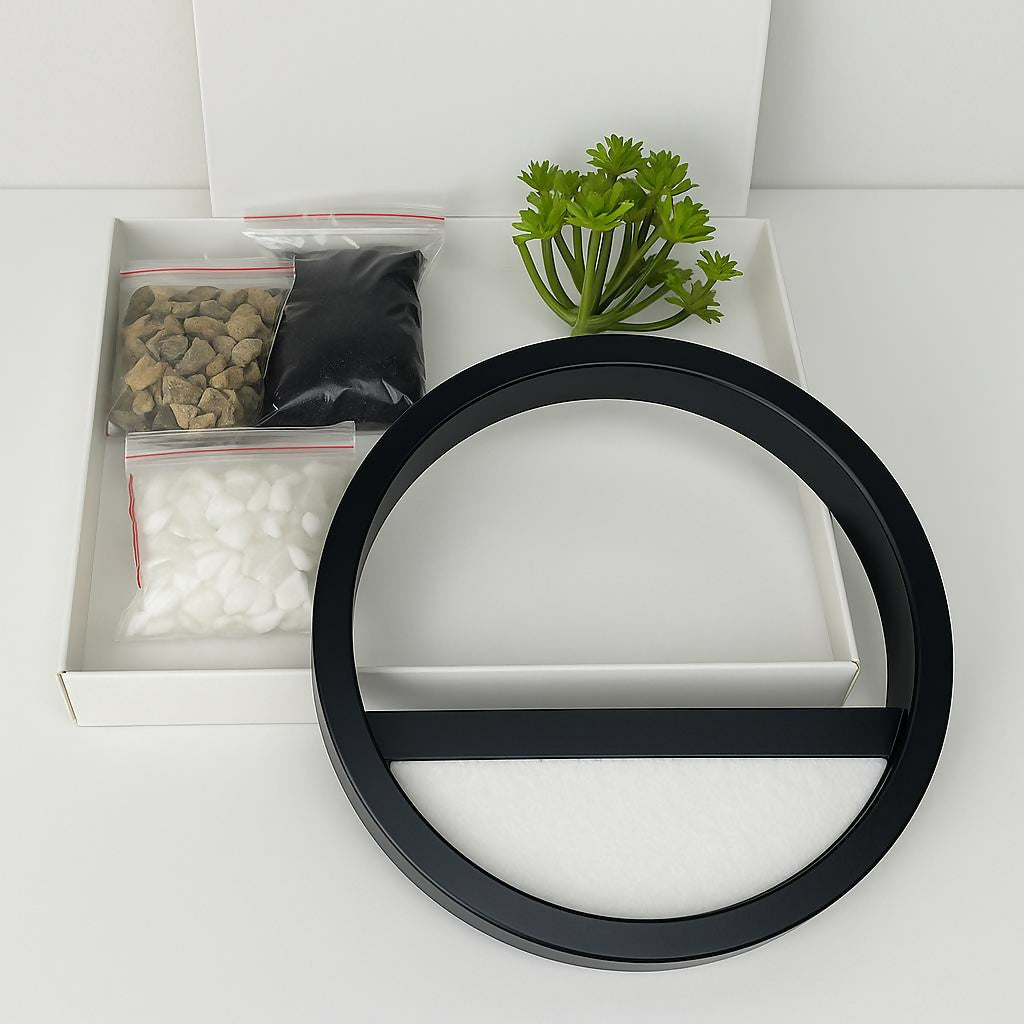 HOME DECOR Round Wall Hanging Frame with Artificial Green Plant and Decorative Pebbles – Modern Circular Wall Mounted Planter for Home Decor, Living Room, Bedroom, Office – Black Metal Frame