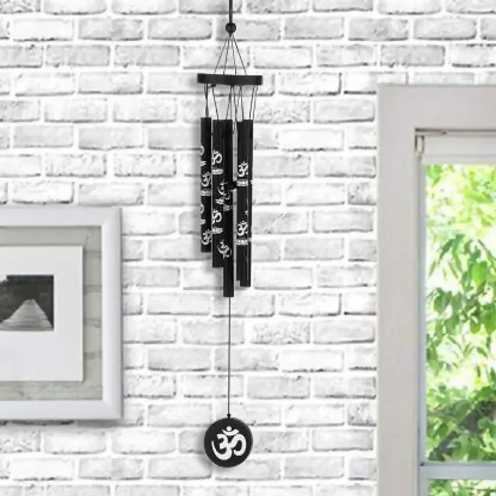Decorative Om Symbol Wind Chime for Home and Garden – Metallic Pipes with Black Wooden Accents – Soothing Sound Feng Shui Wind Bell for Positive Vibes and Meditation Spaces