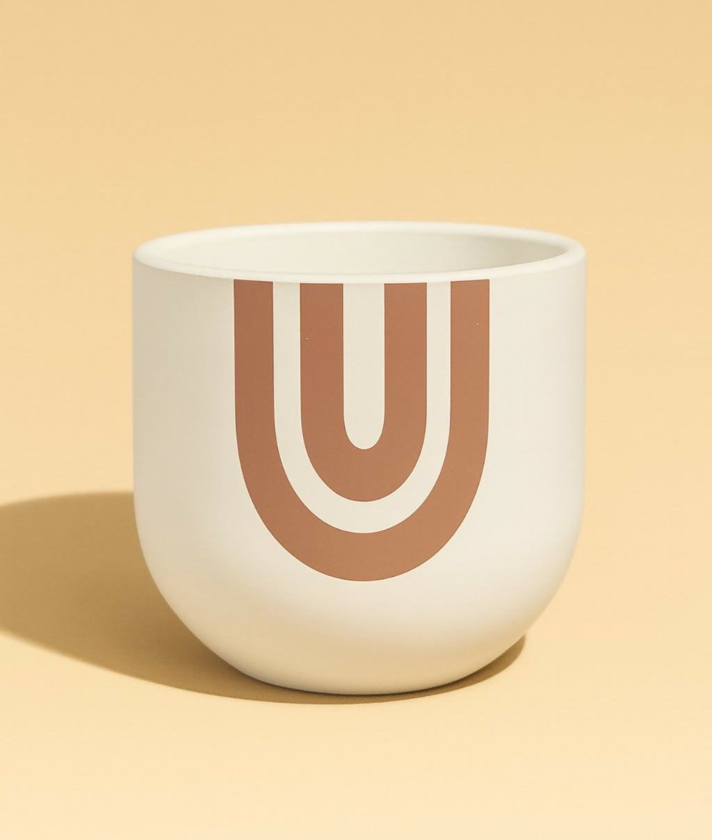 Modern Boho Ceramic Planter Pot with Geometric U-Shape Pattern – Matte Finish Indoor Flower Pot for Living Room, Bedroom & Office Home Decor (Cream & Terracotta, Medium)
