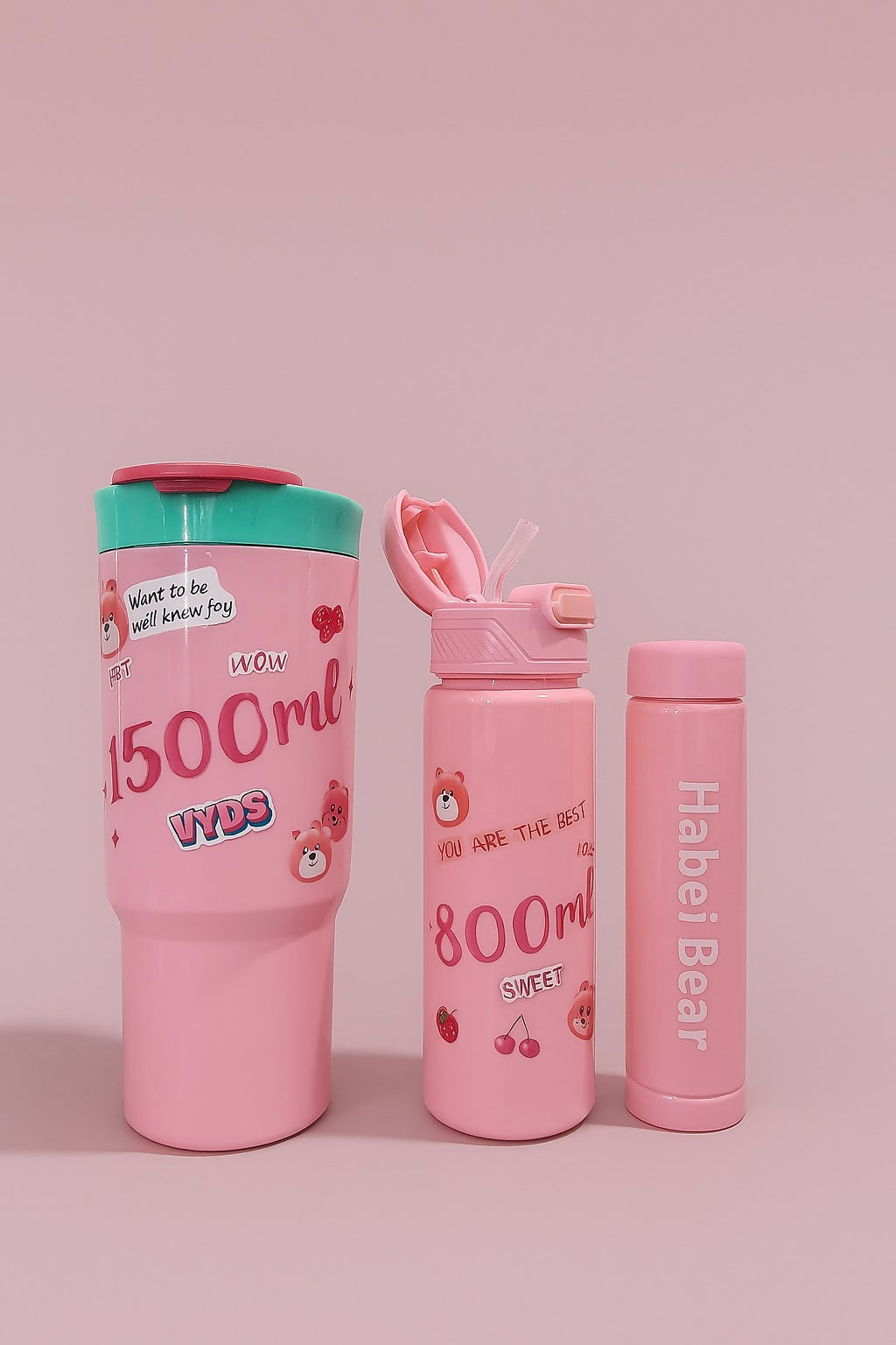 Set of 3 Pink Cute Cartoon Water Bottles for Kids – Leak-Proof BPA-Free Plastic Sipper Bottles with Flip Lid and Bear Design Prints (1500ml, 800ml, 500ml)
