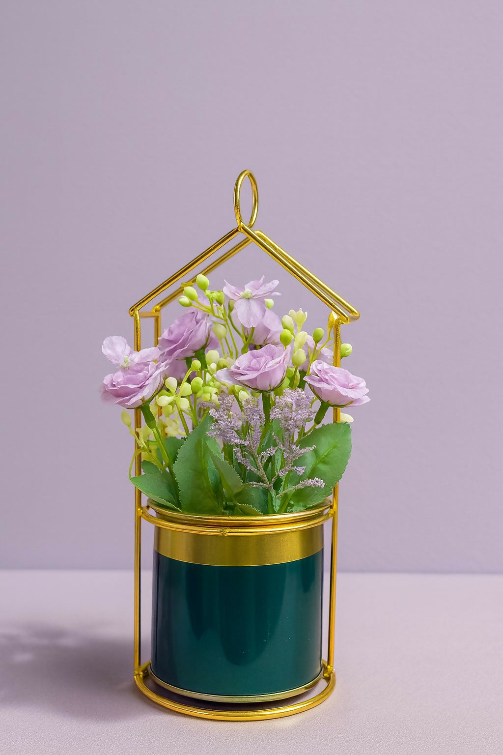 Golden Metal House-Shaped Stand with Artificial Yellow Roses in Glossy Green Pot – Elegant Decorative Flower Arrangement for Home, Office & Gift