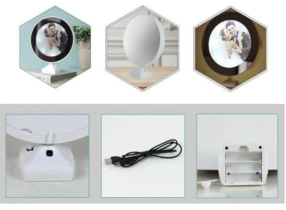 Customized Round LED mirror Photo Frame Lamp with White Base – Personalized Night Light for Couples with Glowing Effect – Romantic Tabletop Décor Gift for Anniversaries, Weddings, Valentine's Day & Special Occasions