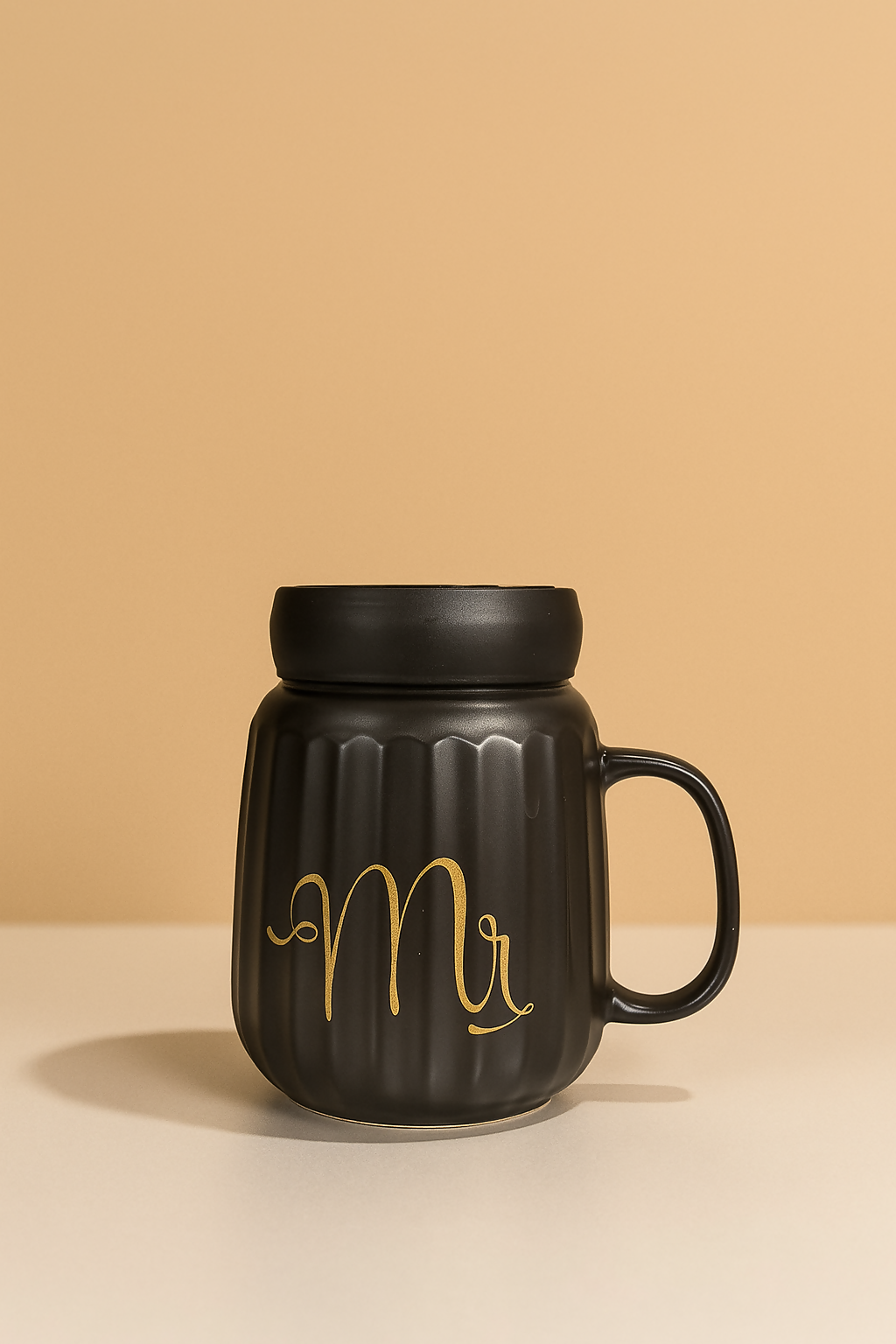 Luxury Black Ceramic "Mr" Coffee Mug with Lid – Matte Finish Gold Lettering Mug for Men – Ideal Gift for Husband, Fiancé, Boyfriend, or Groom