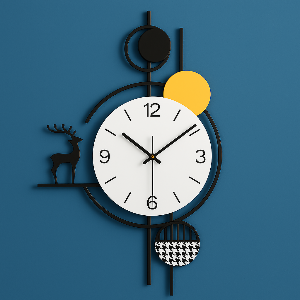 Modern Abstract Deer-Themed Metal Wall Clock with Geometric Art Elements – Silent Non-Ticking Designer Clock for Living Room, Bedroom, or Office – Multicolor Décor in Black, Yellow, White & Houndstooth Pattern