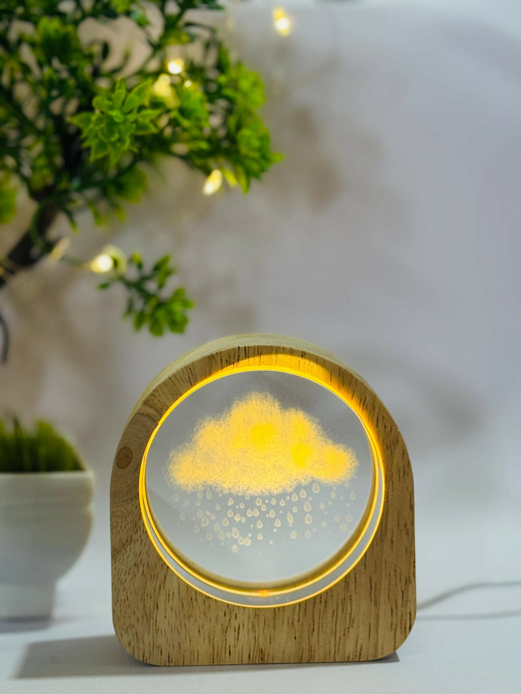 Rain Cloud Theme 3D Crystal Glass LED Night Lamp with Wooden Frame – USB Powered Table Light with Warm Yellow Glow | Nature-Inspired Mood Lamp for Bedroom, Kids Room, Study & Gift Decor