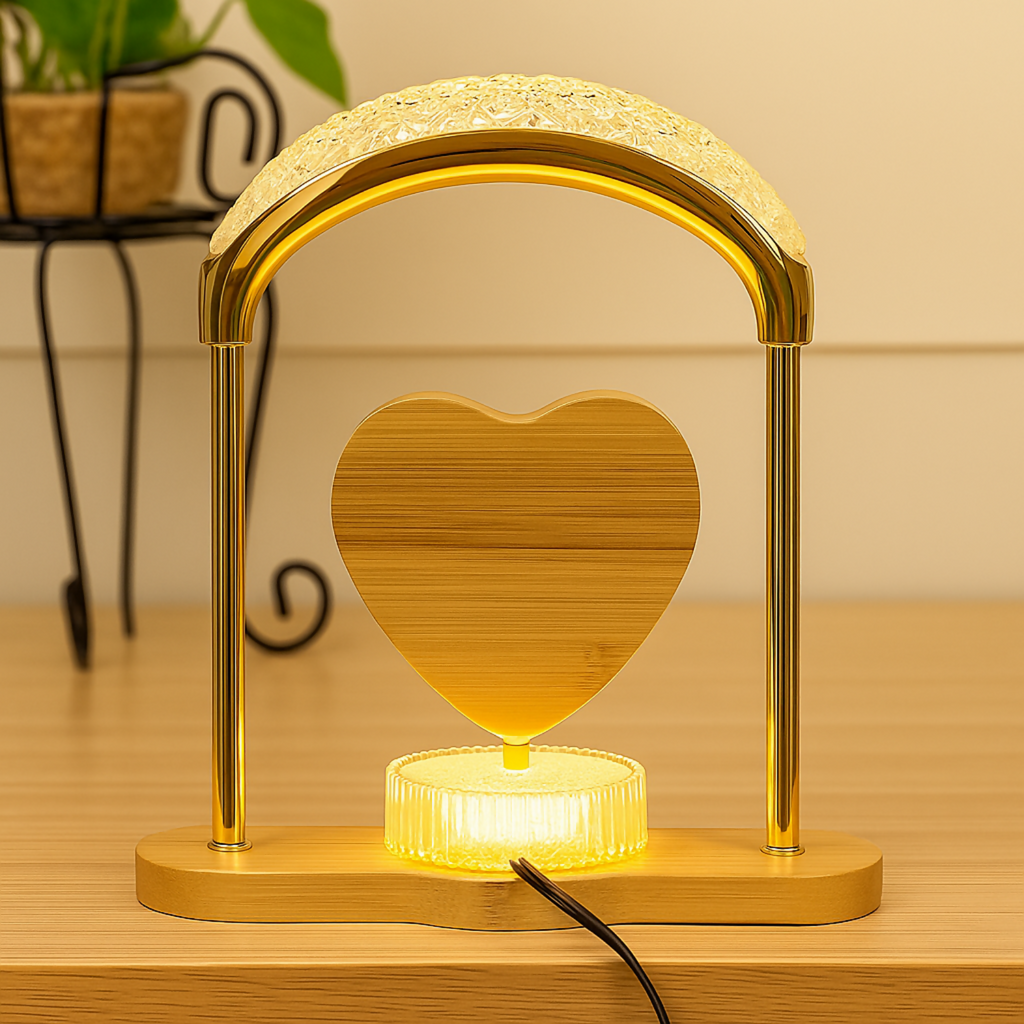 Golden Crystal LED Table Lamp with Rotating Photo Frame | Decorative Heart Shape Lamp with Flower Print & Wooden Base | Modern Home Decor Night Light for Bedroom, Living Room & Gifting