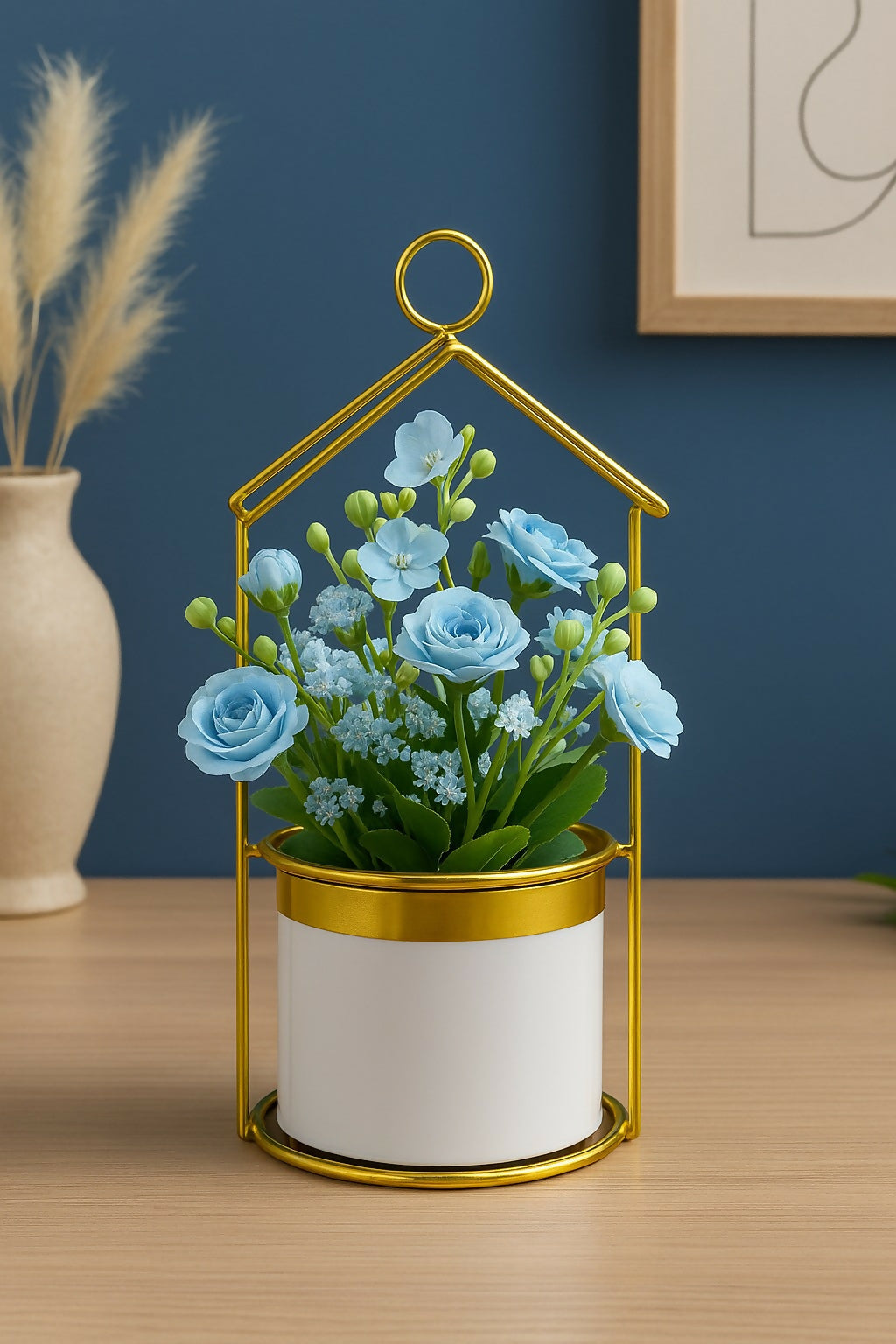 Golden Metal House-Shaped Stand with Artificial Blue Roses and Fillers in Glossy White Pot – Elegant Decorative Flower Arrangement for Home, Office & Gift