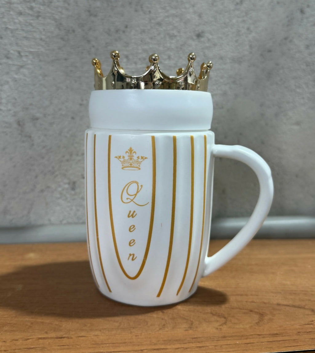 Luxury Queen Crown Ceramic Mug with Golden Lid | Premium Coffee & Tea Cup for Women | Royal Gift for Birthday, Anniversary, Valentine’s Day & Office Use