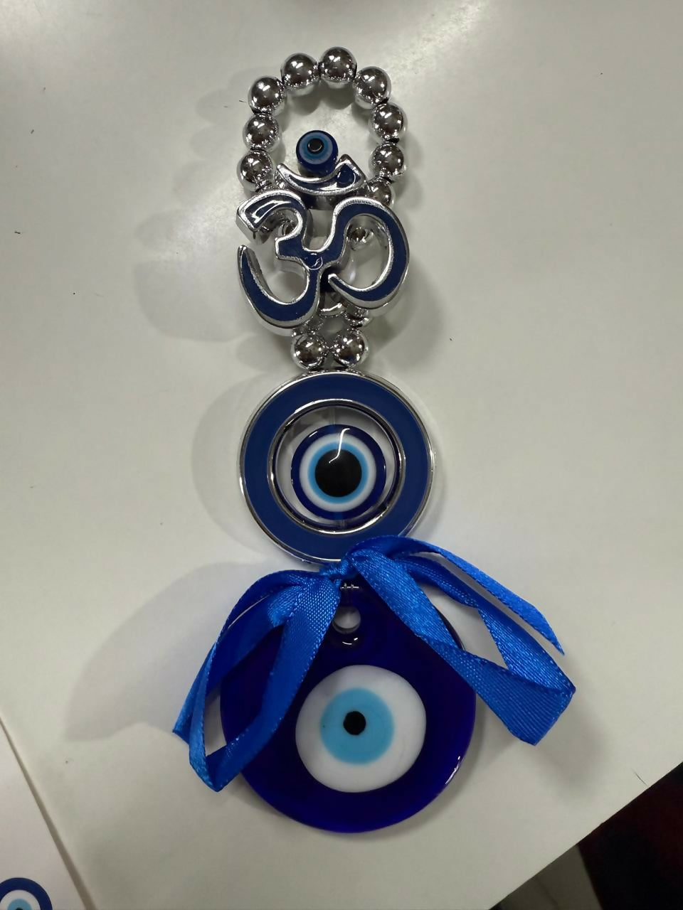 Om Evil Eye Wall Hanging with Blue Ribbon | Spiritual Protection & Positive Energy Decor for Home, Car & Office