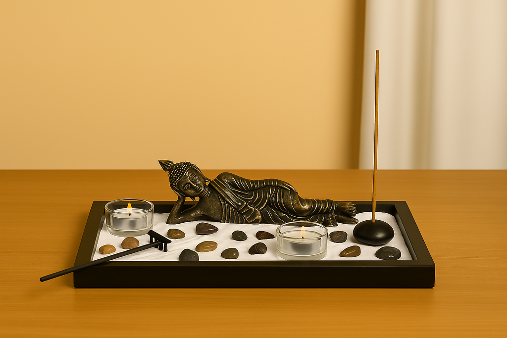 Mini Zen Garden with Reclining Buddha Statue – Aromatherapy Decor Set with Sand, Stones, Candle Holders & Incense Stand – Relaxation Gift for Mindfulness