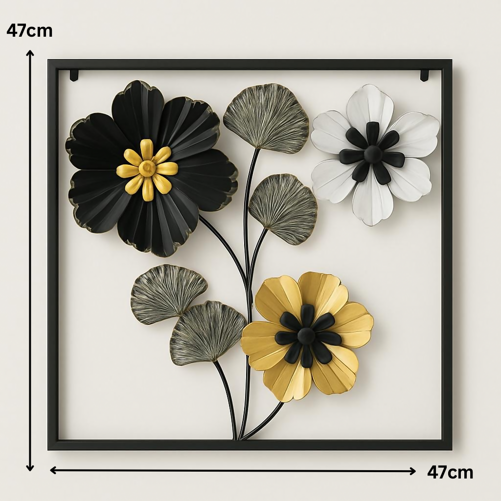 HOME DECOR Elegant Metal Floral Wall Art – Black, Gold & White 3D Flower Frame Décor