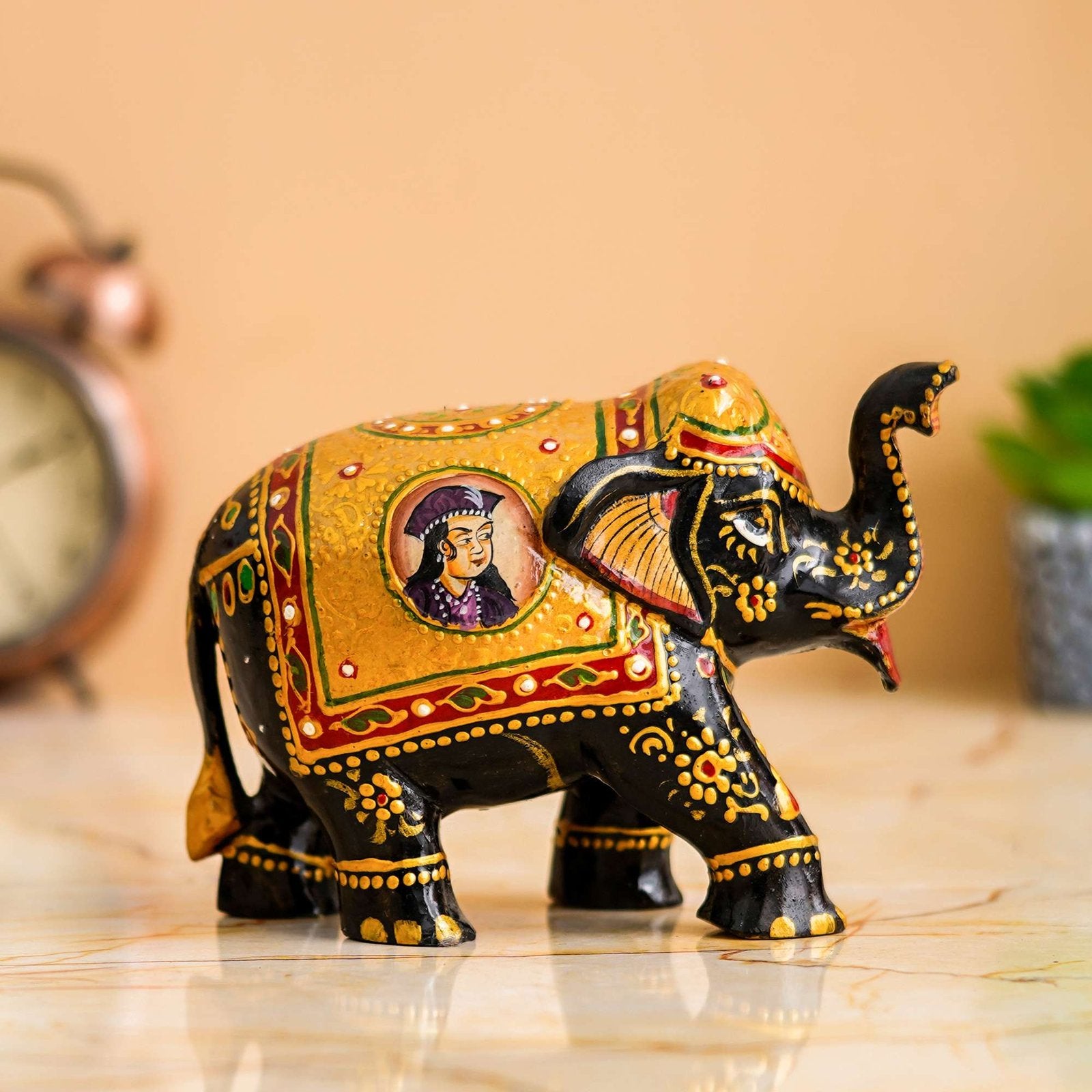 Rajasthani Tribal Handmade Brown " Elephant " Figured Wooden Statue Antique Design Elephant for Showpiece with Brown Colour-2