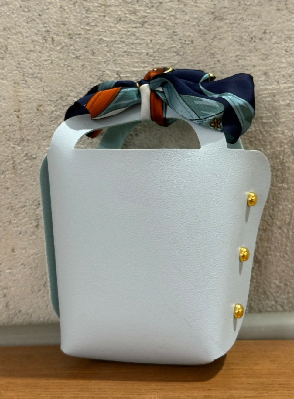 Elegant Light Blue PU Leather Mini Gift Pouch with Printed Navy Bow & Gold Rivets | Small Party Favor Bag, Jewelry/Candy Storage Box for Women & Girls