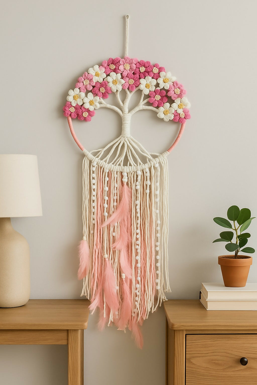HOME DECOR Handmade Macrame Tree of Life Dreamcatcher Wall Hanging with Pink & White Floral Design – Cotton Yarn Boho Decor with Tassels and Feathers for Bedroom, Living Room & Gifting