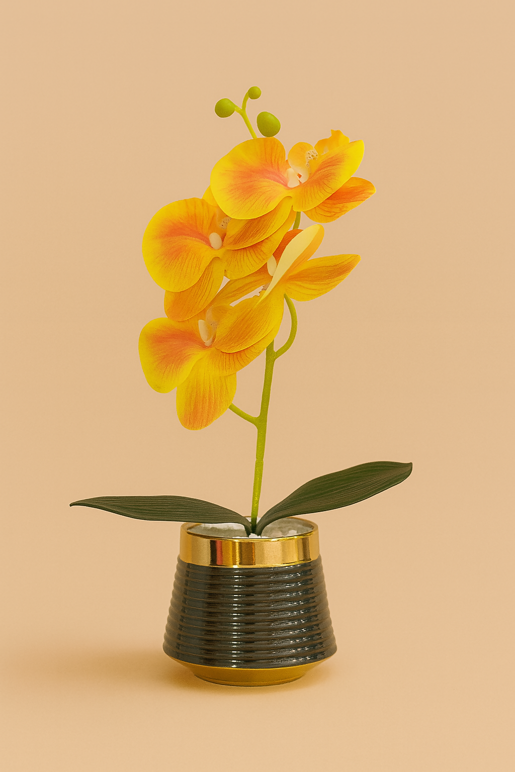 Premium Artificial Yellow Orange Orchid Flower Plant in Glossy Black Ceramic Pot – Decorative Faux Orchid with White Pebbles for Home, Office, Living Room & Gifting