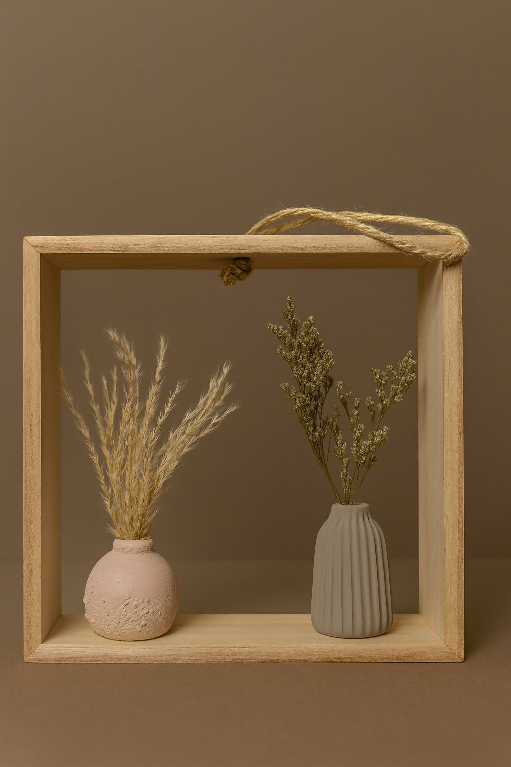 Minimalist Wall Hanging Wooden Frame with Dried Flower Arrangement – Rustic Home Décor Shelf with Pink and Grey Ceramic Vases – Boho Decorative Accent for Living Room, Bedroom, and Office