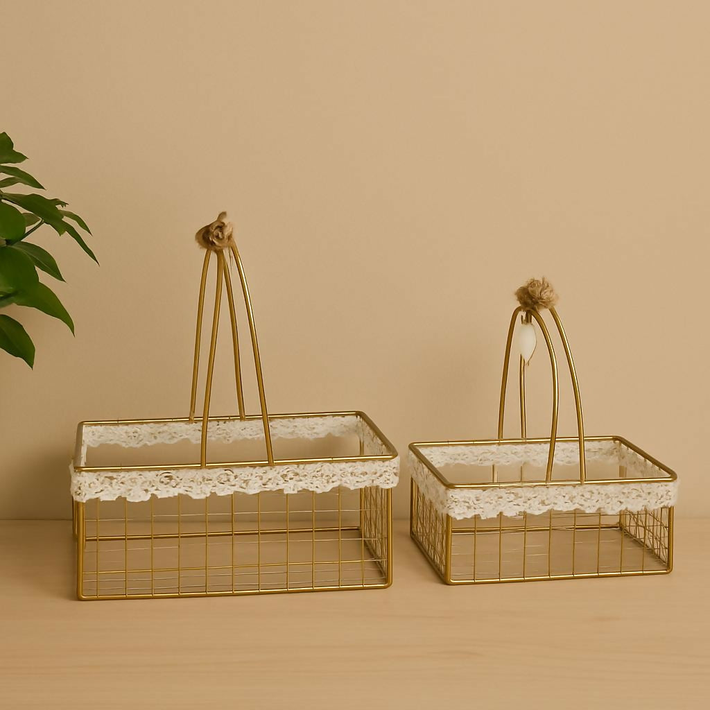 HOME DECOR Elegant Golden Metal Storage Basket Set of 2 with Lace Trim – Vintage Decorative Organizer Caddy for Kitchen, Bathroom, Vanity, Craft, Gift Hampers & Home Decor